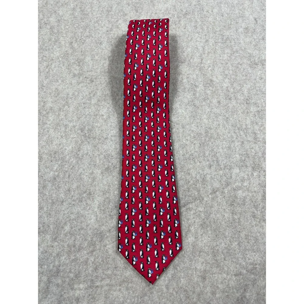 Tommy Hilfiger Penquin Necktie Neck Tie Slik Gift Holiday Red Polka Dot